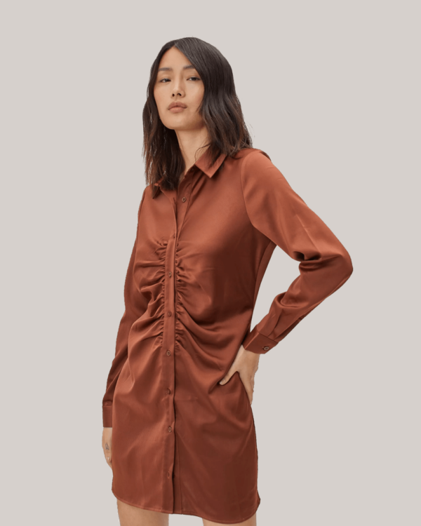 Sustainable Satin Ruched Front Shirt Mini Dress