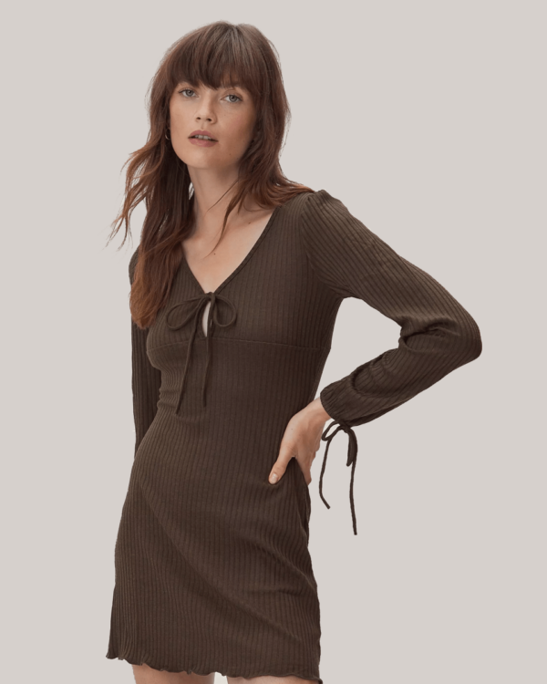 Tie Detail Wide Rib Long Sleeve Mini Dress Was