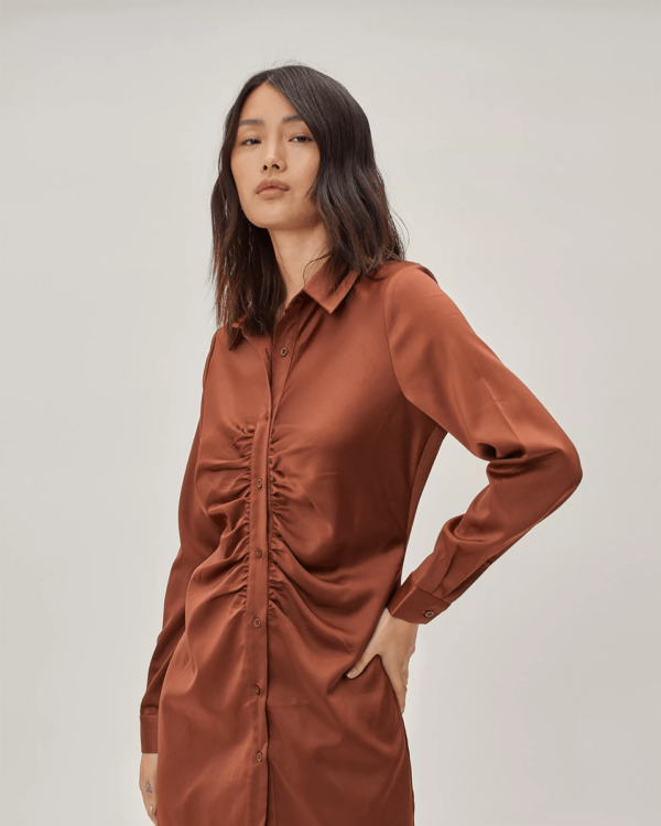 Sustainable Satin Ruched Front Shirt Mini Dress