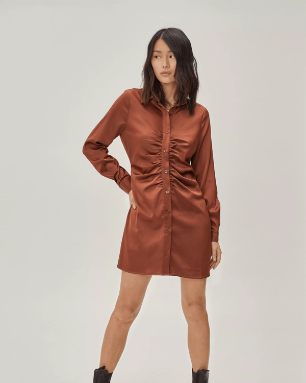 Sustainable Satin Ruched Front Shirt Mini Dress